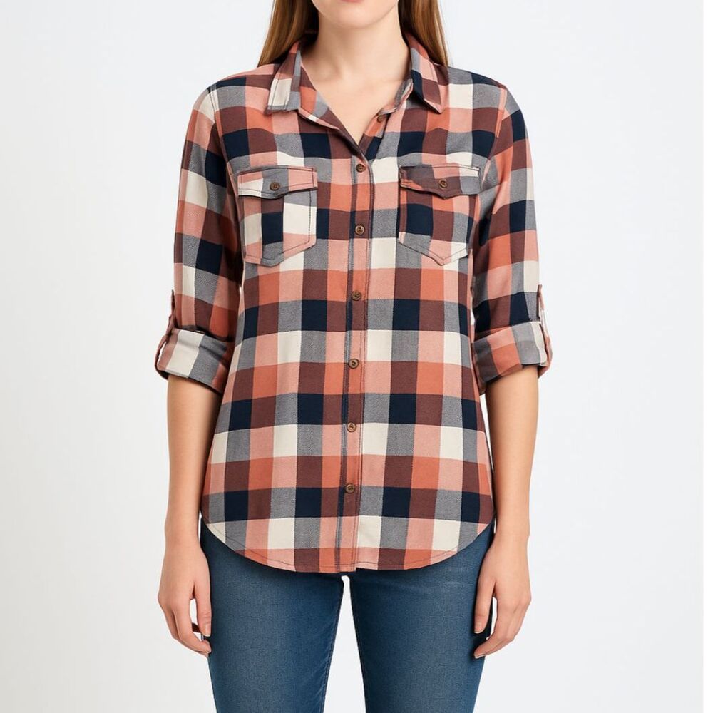 Eden & Olivia Anthropologie Pink Plaid Button Up S Roll Tab Sleeve Preppy